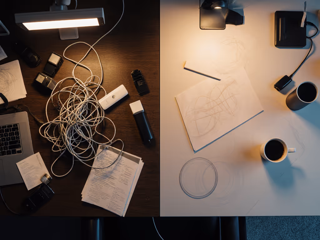 chaotic_desk_versus_standardized_hot-desk_station